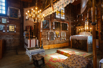 Lviv region, Ukraine - July 15, 2021: Interior of ancient wooden church