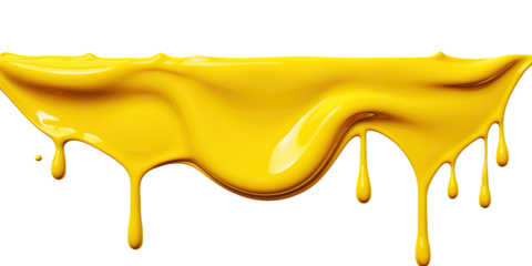 Yellow paint drips and flows down from the top of the picture, isolated a transparent background