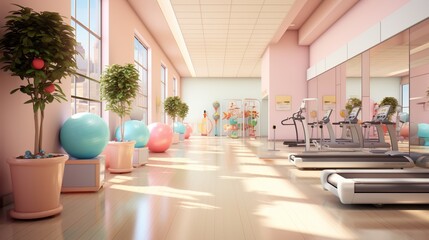 A pastel colored gym with large windows and pink exercise balls - obrazy, fototapety, plakaty