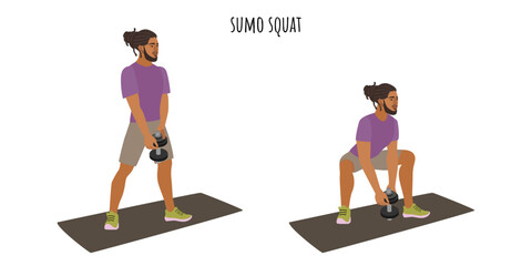 Young man doing sumo squat exercise