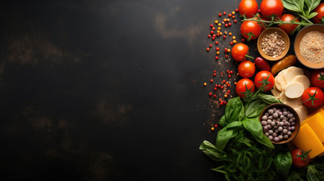 Italian Food Ingredients On Dark Background .Food Ingredients For Italian Pasta, Spaghetti On Black Stone Slate Background. Copy Space Of Your Text. Banner