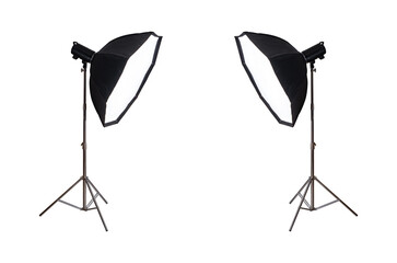Softbox with flash on tripod stand isolated on white background. - obrazy, fototapety, plakaty