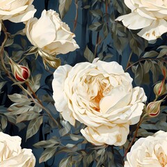 luxury white rose garden blooming seamless pattern