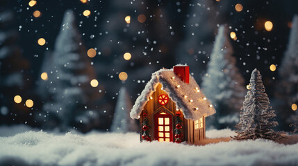 Christmas miniature with houses and spruce forest, Christmas and New Year concept - obrazy, fototapety, plakaty