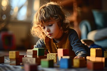 young kid playing with blocks at home