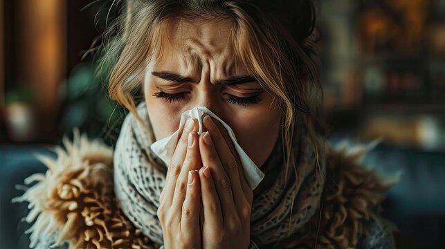  Woman in flu sneezes into napkin