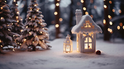 Christmas miniature with house and spruce forest, Christmas and New Year concept - obrazy, fototapety, plakaty