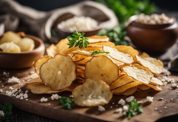 Obraz na płótnie Canvas Homemade potato chips with sea salt and herb on wooden cutting board