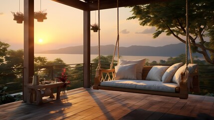 Tranquil veranda setting with comfortable cushions, a swinging hammock, and a view of the sun setting over the horizon - obrazy, fototapety, plakaty