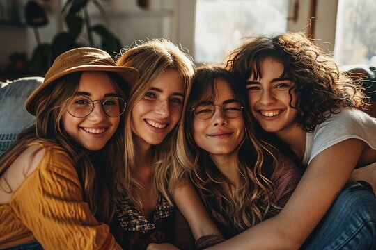 Portrait of a group of women, friends hug on sofa with smile and bonding in living room together in embrace. Hug, love and friendship, girls on couch with diversity, pride and people in home with fun