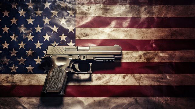 Vintage firearm resting on a distressed American flag, evoking a sense of history and controversy in the United States.