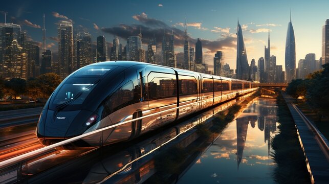 futuristic cityscape with a maglev train
