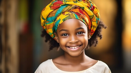 little  black girl with turban, landscape in the background, Black History Month. Generative AI