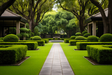 Manicured Garden Pathway with Topiary Hedges.