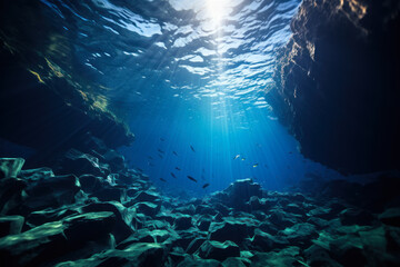 Fototapeta premium Underwater Cave with Sunlight and Fish.