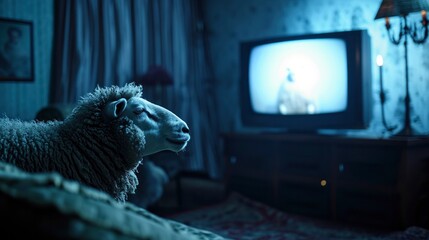 Concept of propaganda and fake news, TV addiction. Sheepd watching TV in dark room. Politicians manipulate the population. - obrazy, fototapety, plakaty