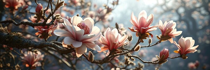 Pink Magnolia Flowers On Fresh Eucalyptus, Banner Image For Website, Background, Desktop Wallpaper