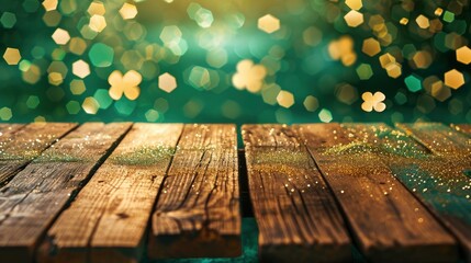 Empty wooden table mockup with defocused green and gold background, shamrock and golden glitter for Saint Patricks Day designs