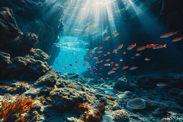 Fototapeta na wymiar Cave Diving Under a Crystal Blue Ocean.