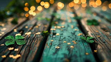Empty wooden table mockup with defocused green and gold background, shamrock and golden glitter for Saint Patricks Day designs - obrazy, fototapety, plakaty