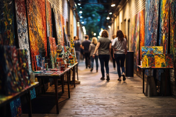 Obraz premium Art Gallery Visitors in a Colorful Alley.