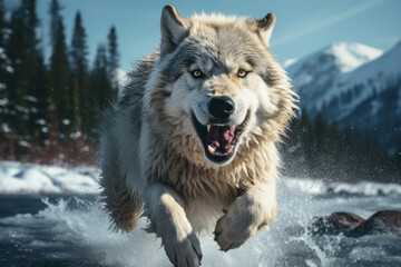 Fierce Wolf Running in Snowy Landscape.