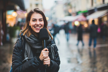 Reporter on a city street during work. Portrait of a smiling woman with a microphone in his hand. AI generative