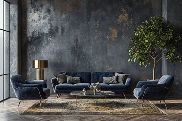 Picture of a luxurious living room interior with a dark blue sofa, armchairs by a coffee table, a gray wall, a modern rug, a floor lamp, and nothing else. - obrazy, fototapety, plakaty