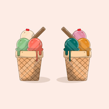 Sweet ice cream melting balls in the waffle cone isolated on background.