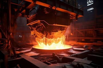 Molten iron making steel factory industrial furnace liquid metal melting fire manufacturing spark heavy industry red hot bright heat flame production facility hangar metallurgy material engineering