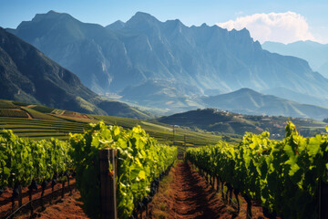 Naklejka premium Lush Vineyards with Dramatic Mountain Range.