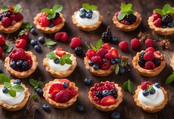Set of different tartlets or cake with cream cheese and summer berry Pastry dessert top view
