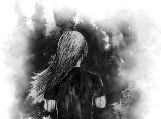 back portrait watercolor painting black and white sad woman.