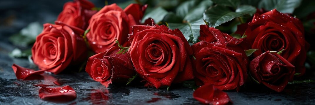 Red Color Roses Beautiful Bouquet Close, Banner Image For Website, Background, Desktop Wallpaper