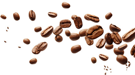 Obraz premium Falling coffee beans isolated on a white transparent a white background 
