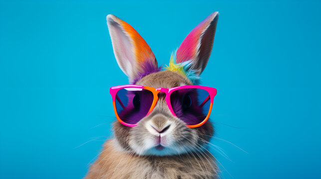 Cool bunny with sunglasses on a colorful background happy Easter. Cool Bunny with Sunglasses on Colorful Background - Happy Easter Card