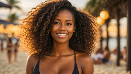 woman smiling at the beach - obrazy, fototapety, plakaty