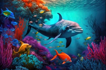 group of dolphins in colorful underwater, AI generative.group of dolphins in colorful underwater, AI generative