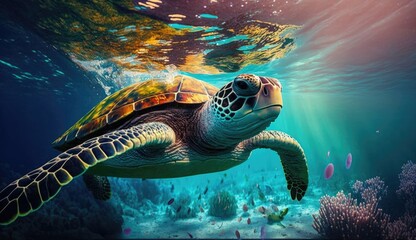 turtle with Colorful tropical fish and animal sea life in the coral reef, animals of the underwater...