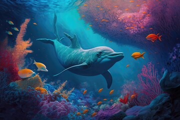 group of dolphins in colorful underwater, AI generative.group of dolphins in colorful underwater,...