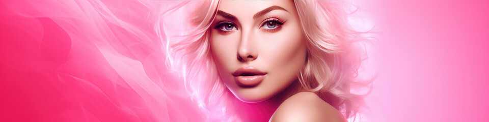 Fototapeta premium Portrait of beautiful woman with bright pink background as banner, pink color concept