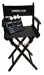 Empty black chair with sign director and clapperboard on transparent background. PNG