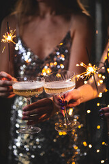 The girls pour champagne into round glasses. Women in a sparkling dress. Christmas garland