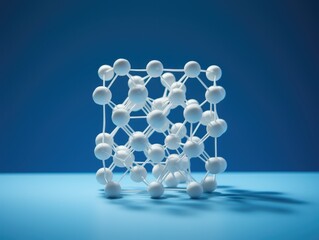 A 3d model of a molecule on a blue surface. Generative AI.