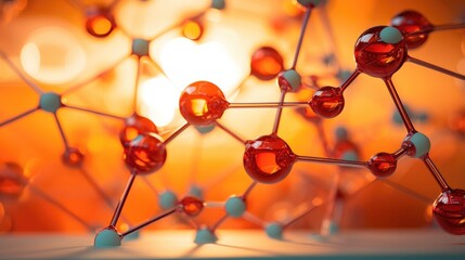 A close up of a molecule with red and orange spheres. Generative AI.