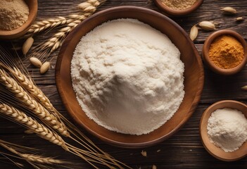 Wooden bowl of wheat flour on kitchen background top view Ingredient for baking
