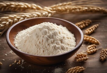 Fototapeta na wymiar Wooden bowl of wheat flour on kitchen background top view Ingredient for baking