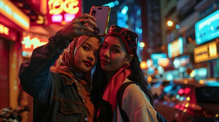 Fototapeta premium Neon Nights: Selfie Time in the City