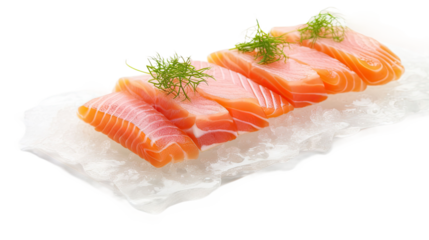 Salmon sashimi, Japanese food. Raw salmon fillet served on ice with wasabi and grated white radish isolated on a transparent white background 