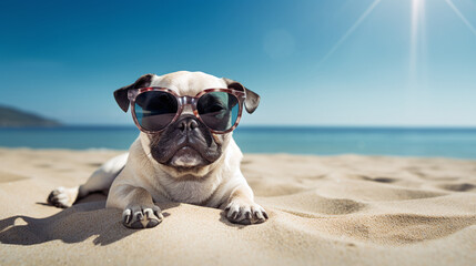 Fototapeta na wymiar A pug puppy sits on the beach and wears sunglasses because the light hurts his eyes. Ai generate.